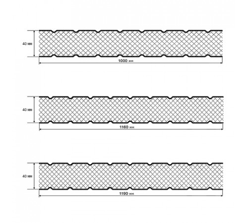 Сэндвич панели без замков с минеральной ватой, ширина 1000 мм, толщина 40 мм, 0.5/0.5, RAL7035
