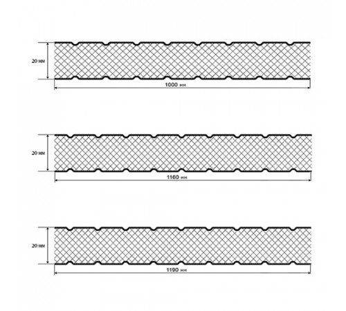Сэндвич панели без замков с минеральной ватой, ширина 1000 мм, толщина 20 мм, 0.5/0.5, RAL5005
