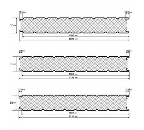 Сэндвич панели стеновые с пенополистиролом, ширина 1000 мм, толщина 30 мм, 0.5/0.5, RAL7035