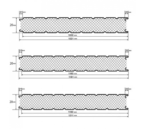 Сэндвич панели стеновые с минеральной ватой, ширина 1200 мм, толщина 20 мм, 0.5/0.5, RAL5005